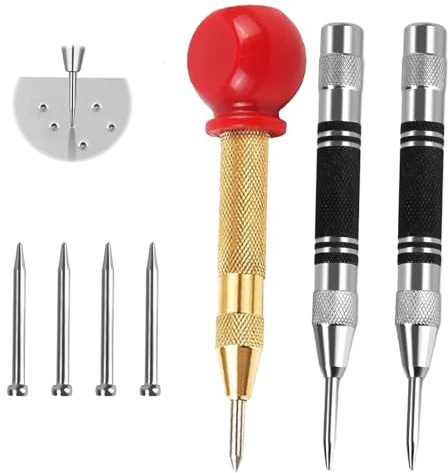 Federkörner Set, 3 Stück Automatik Körner Metall mit 4 Ersatzspitzen, Automatischer Körner Werkzeug, Körner Automatik für Metall, Holz, Glas & Dünne Stahlbleche, Einstellbarer Federkörner