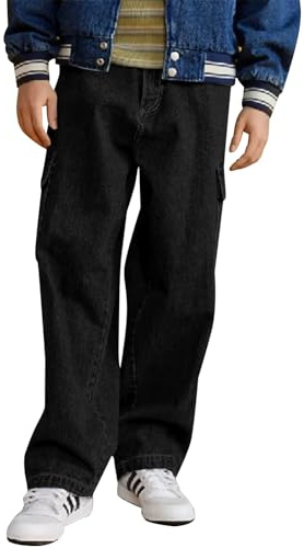 Haloumoning Pantalon Cargo pour Garçons - Jeans pour Enfants - Pantalon Baggy de Loisirs - Automne - Mode - Denim avec Taille Élastique - 5-14 Ans, Noir , 13-14 ans