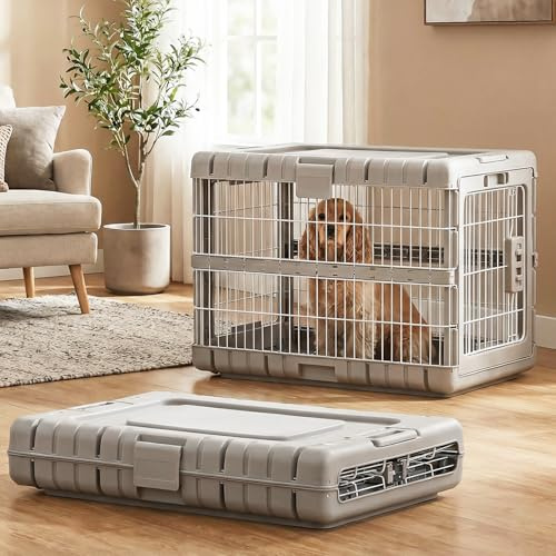 ZOMISIA Collapsible Dog Crate for Dogs - 28 L Heavy Duty Dog Kennel No Tools Required with 4 Sides Steel Foldable Cage for Dogs Indoor Furniture, Portable Carrier with 2 Smooth Wheels, Beige