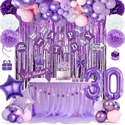 Decoraciones moradas para el 30 cumpleaños de una mujer, pancarta de feliz cumpleaños, globos morados, cortina de oropel morada, banda, pompones, espiral colgante