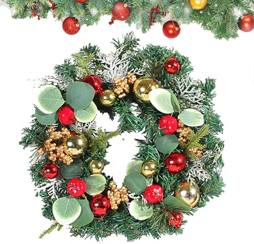 Coronas navideñas para puerta de entrada - Decoración artificial para puerta de entrada con frutos rojos,Coronas decorativas de agujas de pino de 11,8 pulgadas con bolas de Navidad para porche de puer