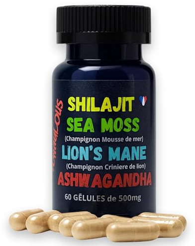 YOOKA 4-en-1, Puissance pure du Shilajit, Sea Moss (mousse de mer), Lion's mane (crinière de lion) et Ashwagandha (ginseng indien), Énergie, Mémoire, Immunité, Bien-être Mental, 60 Unités de 500mg.