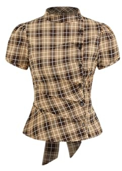 CIDER Plaid Shirt for Women Stand Collar Button Blouse Puff Sleeve Tie Back Office Shirts Women Casual Top