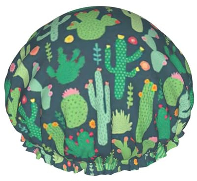 Cute Cactus Seamless Illustration Print Soft Lined Shower Cap, Double Layer Washable Wide Elastic Band Hair Shower Cap For Bath