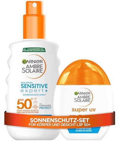 Garnier Ambre Solaire Sonnenschutz-Set – Sensitive Expert Spray LSF 50+ & Super UV Invisible Fluid LSF 50 – Hoher UV-Schutz für Körper & Gesicht – Unsichtbares Finish & Wasserfest – 2-teilig