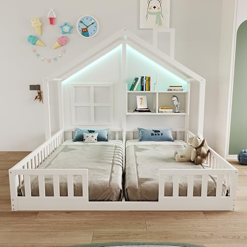 VIVCA Cama infantil de madera, 90 x 200 cm, cama doble independiente, diseño de casa con ventanas y chimenea, con iluminación LED, barandillas de seguridad y estantes, completa con somier, color