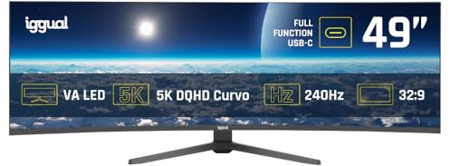 iggual Monitor 5K UltraWide 49 Curvo 32:9- Panel VA LED 5120x1440 (DQHD) 240Hz, 100% sRG-|Conexiones: USB-A, USB-B, USB‑C 90W, HDMI 2.1, DP 1.4| FreeSync, HDR- Diseño Frameless y Soporte Regulable.