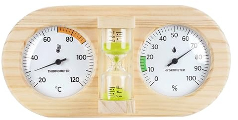 Sauna Thermometer and Hygrometer, 3-in-1 Wooden Sauna Accessories Gauge with 15-Minute Sand Timer, Mechanical Pine Wall Mount for Room Monitoring, Green.