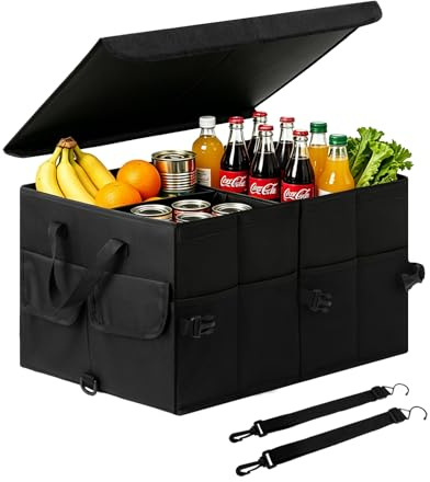 Neateam Kofferraum Organizer mit Deckel, Schwarz | Kofferraumtasche Faltbar & Rutschfest, Auto Aufbewahrungsbox Stabiler, Für SUV, Kombi & PKW, Oxford Gewebe Autozubehör