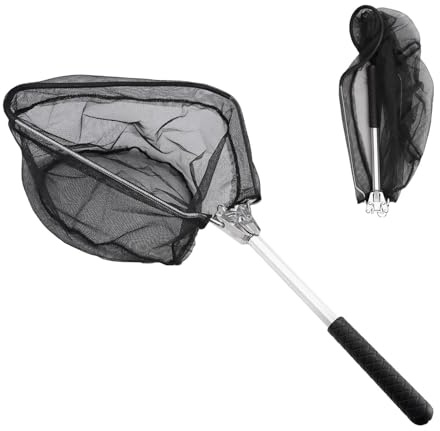 Foldable Pond Net with Pole 53 x 36 cm Fishing Landing Net | Aluminum Alloy Frame, Landing Nets for Fishing, Lightweight & Portable, Fish/Bird Catch Net (Silver Pole, Black Mesh)