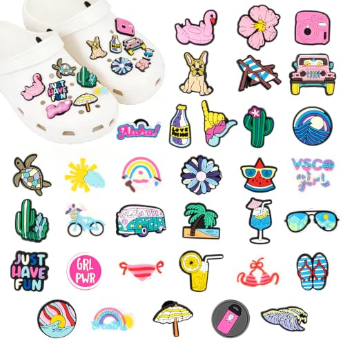 Leikedun Breloques pour Chaussures Crocs - Charms Décoratifs Plage, Étoiles de Mer, Coquillages Irisés, Perles en Plastique pour Sabots et Sandales, Accessoire Cadeau Été (Modèle C - 35pcs)