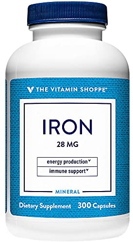 The Vitamin Shoppe Iron 28MG, Well Absorbed Forms of Iron, Supports Immune Health Energy Production, Essential Mineral, Once Daily (300 Capsules)