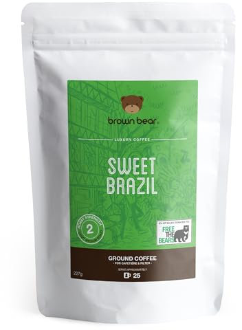 Brazilian Ground Coffee 227g - Ideal for French Press Cafetiere Filter Drip V60 Aeropress - Brown Bear Sweet Brazil - Light Medium Roast Ground Coffee - Donation to Free The Bears - 100% Arabica