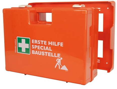 ACTIOMEDIC Erste-Hilfe-Kasten SPECIAL BAUSTELLE, DIN 13157:2021, Notfallkoffer mit Wandhalterung, mehrsprachige Beschriftung, zusätzliches Zubehör, 42 x 33 x 15 cm