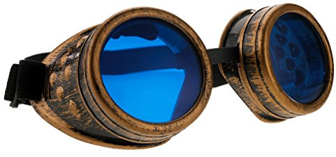 4sold Steampunk blå linser svarta cyberglasögon rave gotisk vintage viktorianska solglasögon svetsning cosplay vintage rustik hippie fest fin klänning med set klistermärke, glasögon och låda