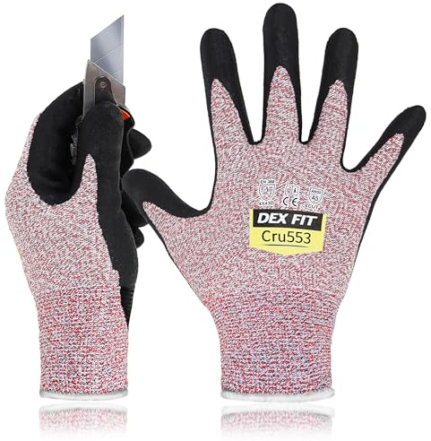 DEX FIT Level 5 Cut Resistant Gloves Cru553-3D Comfort Fit, Power Grip Foam Nitrile, Touchscreen, Thin & Breathable - Durable Safety for Mechanic, Glass, Metal; Red, S (7), 1 Pair