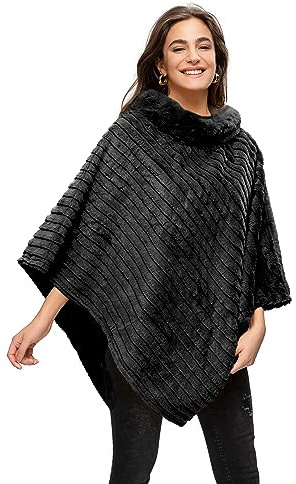 Gloop Dam elegant vinterkonst päls poncho rund hals jacka tjock cape varm gjord av stickad päls, svart, one size