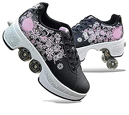 HUOQILIN Unisex-Kinder Skateboard Schuhe Kinderschuhe Mit Rollen Skate Shoes Rollen Schuhe Sportschuhe Laufschuhe Sneakers Mit Rollen Kinder Jungen Mädchen,Black-37
