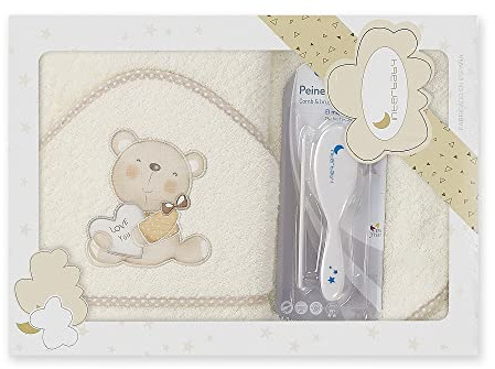 Interbaby Asciugamano con cappuccio per neonato LOVE YOU in beige con Set de Spazzola e Pettine - 900 g