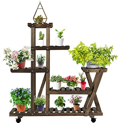 Yaheetech Blumenregal mit 6 Etagen, Blumentreppen aus Maasivholz, Pflanzenregal Rollbar, Blumenständer für Balkon/Garten/Wohnzimmer, 97,5 x 33 x 101cm