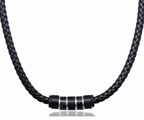 David Galvani ® Herren-Kette mit Bead-Anhänger aus Edelstahl , Halskette für Herren, Edelstahl, Kugel , Lederkette ,Leder geflochten … (Schwarz, 50)