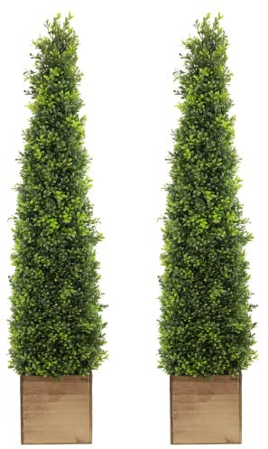 Säsongens behov konstgjord buxbom-kontorn 1,2 m höga figurklippta träd set med träplanterare – inomhus utomhusinredning, 2-pack falska buskar – krukväxt