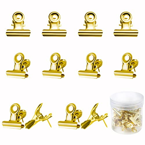 AIEX 30 Stück Push Pin Clips, Metall Bulldogge Clips Reißnägel für Korktafeln Dekorationszubehör Schule Bürobedarf (Gold)