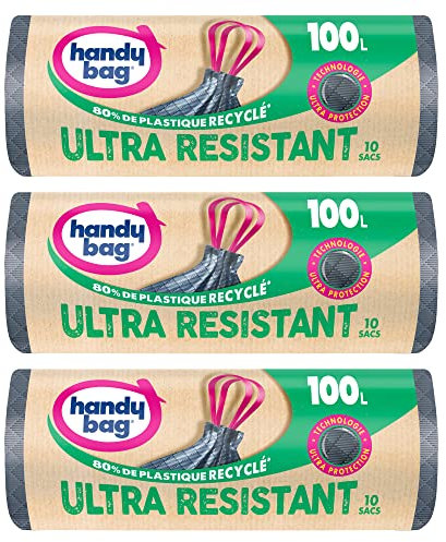 Handy Bag - Bolsas de basura con enlace, muy resistente, 100 x 10 bolsas x 3 rollos, fondo antifugas, sellado máximo, enlace práctico adjunto en la parte superior de la bolsa, 100% plástico reciclado