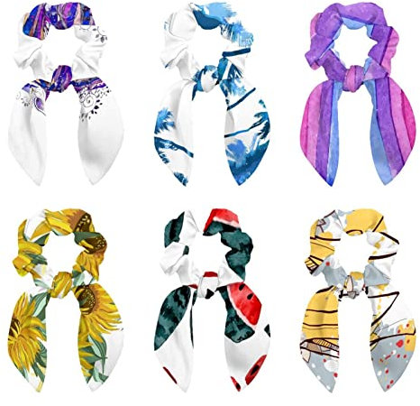 6 Pcs Hair Scrunchies - Watercolor Palm Trees Hair Scarf Scrunchy with Ribbon Bow, Elastic Hair Ties Ponytail Holders for Women Teenage Girls
