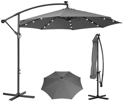 Panana 3M Cantilever Garden Parasol with Solar LED Lights, Outdoor Banana Hanging Umbrella with Crank and Tilt, UV Protection Sun Shade Canopy Offset Parasol for Pool, Deck, Patio, Balcony (Dark Grey)
