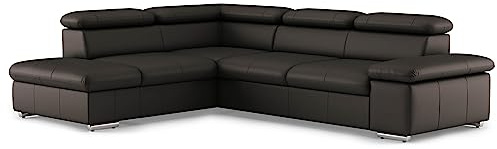 CAVADORE Echtleder-Schlafcouch Valerie mit Ottomane / Ecksofa mit Bettfunktion + Kopfteilverstellung / 272 x 73 x 226 / Leder Dunkelbraun