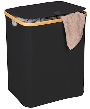 WENKO Wäschetruhe Uno Mod. Ecori, Wäschesammler 68 L, Textil 100% recyceltes Polyester, Rahmen aus FSC®-zertifiziertem Bambus, 41 x 50 x 33 cm, Natur/Schwarz