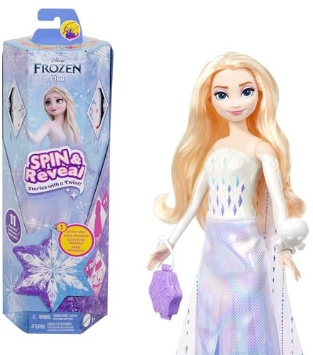 Mattel Disney Die Eiskönigin Elsa Modepuppen-Set, Spin & Reveal mit 11 Überraschungen, darunter 5 Accessoires, 5 Sticker und eine Szene zum Spielen, vom Disney-Film inspiriert, HTG25