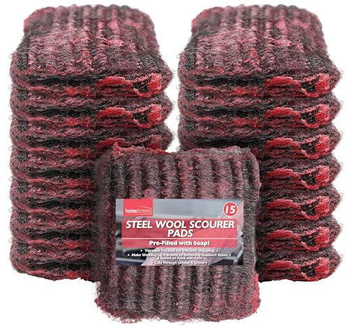 SOL 15pk Steel Wool Scourer Pads, Heavy Duty Soap Filled Scouring Pads for Pots, Pans, and Cookers, Durable, Rust-Resistant, Built-In Soap for Cutting Grease & Stains, Multi-Purpose Use for Cleaning