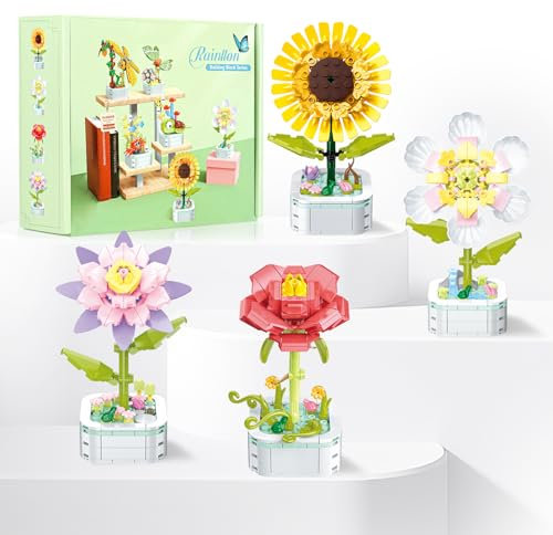 Rainllon Blumen Bausteine Set,4 Blumenstrauß mit Blumensockel,500 PCS DIY Bauspielzeugsets Bouquet Baustein,Sonnenblume,Rosen,Lotus,Kreisblume Botanical Collection für Hausdeko