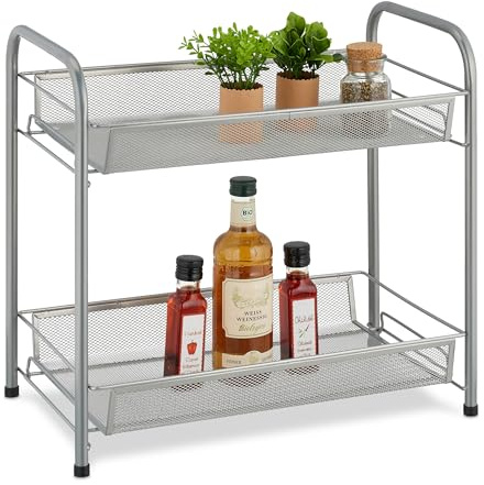 Relaxdays Scaffale Portaspezie a 2 Ripiani, Organizer Tavolo Cucina o Mensola Bagno per Make-Up, in Metallo, Argentato, 44,5x48x27 cm
