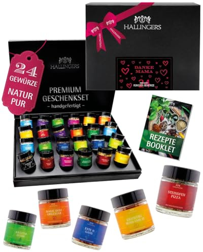 Hallingers Genuss Manufaktur Gewürz Muttertagsgeschenk-Set - 24 Gewürze aus aller Welt in wertiger Geschenkbox mit Rezept-Booklet Danke Mama, Geschenkidee für Mama Oma