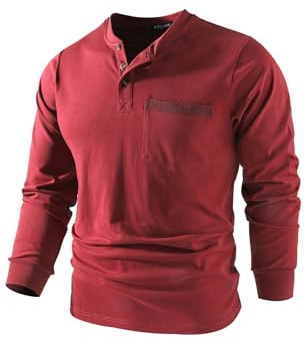 Mr.Stream herr Henley-skjorta långärmad långärmad tröja män tre knappar knappslå bomull casual skjortor tung t-shirt med farlig hals, röd, L