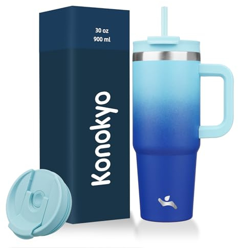 Konokyo 30 oz Tumbler with Handle and 2 Straws,2 in 1 Lid Insulated Water Bottle Stainless Steel Travel Coffee Mug,Sky
