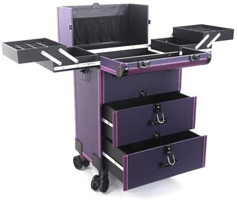 Groß Kosmetikkoffer Kosmetik Trolley Rollkoffer Schminkkoffer Mit 360° Drehbaren, Artist Train Case Trolley Makeup Organizer, Aluminium-Schminkkoffer Auf Rollen,mit Schubladen, Schwarz (Color : Purpl