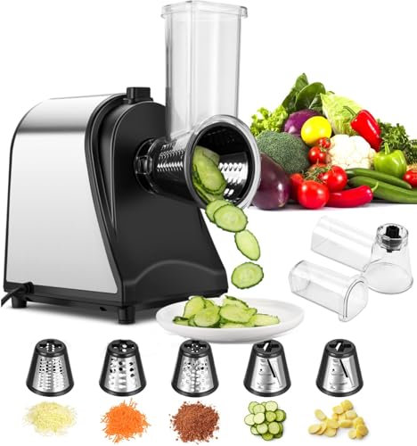 Meykey Gemüseschneider Automatisch Elektrisch Gemüsehobel, 250W Edelstahl Käsereibe, mit 5 Klingen für Verschiedenes Gemüse Mit Ein-Knopf-Steuerung YF002, Black