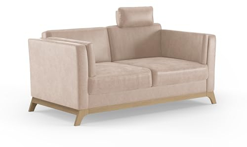 Cavadore 2,5er-Sofa Vida / 2,5-Sitzer Couch im trendigen Design mit massivem Holzrahmen in Buche, Kopfstütze mit Kuschelkissen / 183 x 84 x 93 / Mikrofaser, Beige