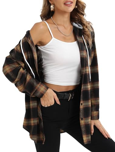 Jhsnjnr Damer oversize flanellskjorta huvtröja knapp rutig V-ringad topp mode långärmad rutig blus, Svart kaki, XL