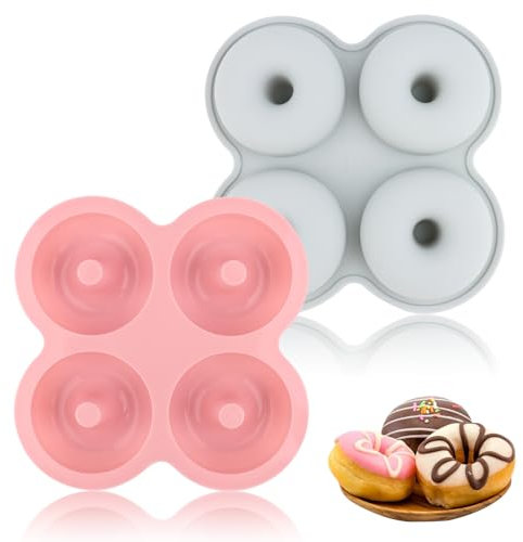 TNOMSNO 2 Piezas Donuts Moldes Silicona, 4 Cavidades, Antiadherente y Resistente al Calor Molde Donuts Silicona, Molde Donuts para Hornear, Rosquillas, Pasteles y Bagels