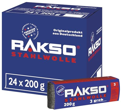 RAKSO Stahlwolle grob 3-4,8 kg, 24 Banderolen à 200g, verstärkt natürliche Maserung v. Holz, äubert Glas, aufrauen von altem Lack, Farbe