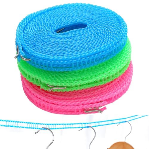 EYVRPAU 3 piezas Cuerda Tendedero Exterior antideslizante,Cuerda para Tender Ropa Exterior,Cuerdas Tendedero Exterior,Rope,Tendedero Portatil para Hotel,Viajes,Patio (3M) (Verde+Azul)