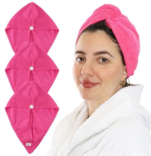 LOVETRENDS Paquete de 3 toallas de microfibra rosa para el cabello, 65 x 25 cm, suaves, antiarrugas, súper absorbentes y de secado rápido, perfectas para cabello húmedo, largo, grueso o rizado, ideal