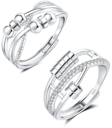 Zolkamery Anxiety Ring, 925 Sterling Silber Damen Angst Ring, Offen Einstellbar Anti Stress Stimmungsring mit Perlen, Liebespaar Spinner Fidget Ring mit Zirkonia, 2PCS Unisex Stressringe für Mädchen