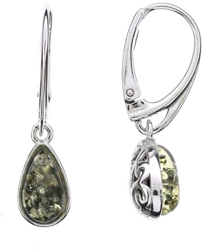 Bernstein Ohrringe, elegante grüne Ohrhänger aus Bernstein und 925/000 Sterling Silber rhodiniert von Artisana-Schmuck