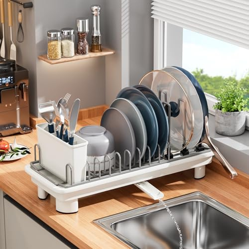 HOWDIA Small Dish Drying Rack, Compact Dish Rack for Kitchen Counter with Removable Cutlery Holder, Multifunctional Stainless Steel Dish Drainer, Space Saving, White